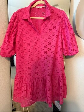 Eyelet Peplum Tunic Dress in Hot Pink -
